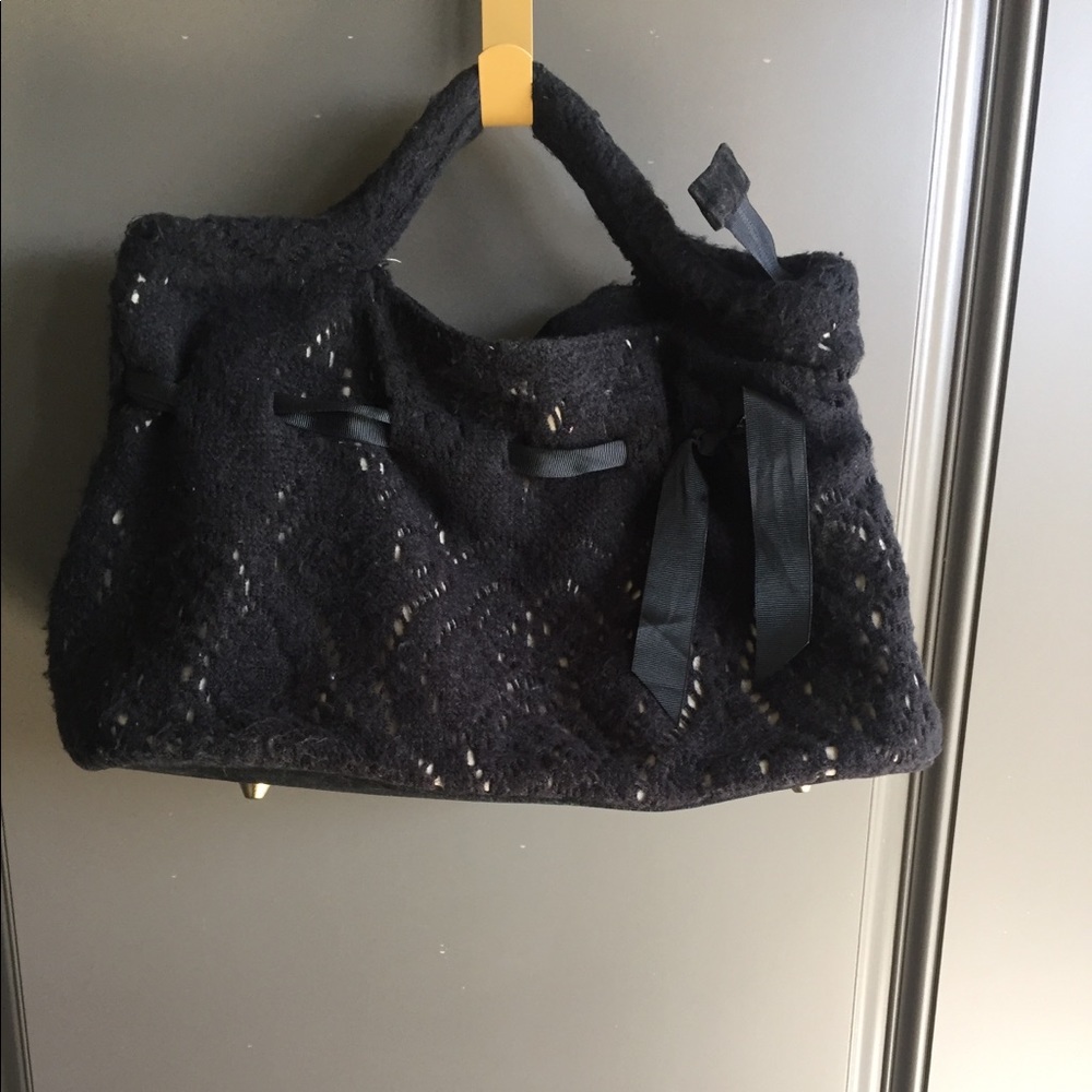 Luna Llena Black Crochet Knit Bag Purse w Ribbon